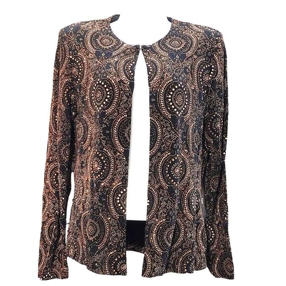 Xscape by Joanna Chen Metallic Cardigan Geometric Print Black Brown Womens M - Picture 1 of 9